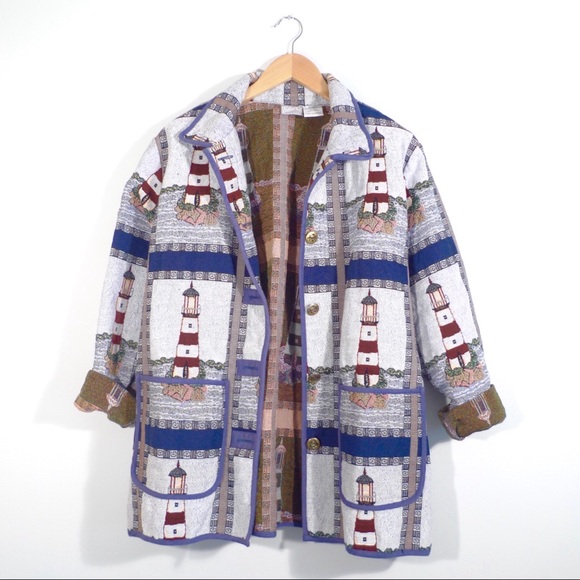 Vintage Jackets & Blazers - Vintage Nautical Lighthouse Tapestry Work Coat